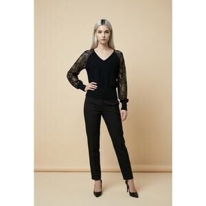 Zodiac Black V Neck Knit Sweater With Sheer Lace Sleeves Size Small